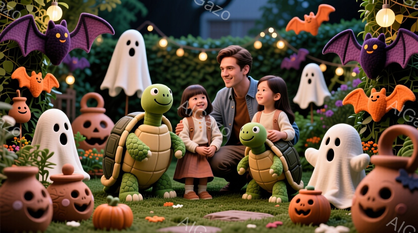 庭で、笑顔の男性と2人の幼い娘が、かわいらしい亀の置物と一緒に写っています。娘たちはそれぞれベージュとピンクのワンピースを着ており、男性はカジュアルなシャツを着ています。背景には、ハロウィーンの装飾、 - AI生成フリー素材