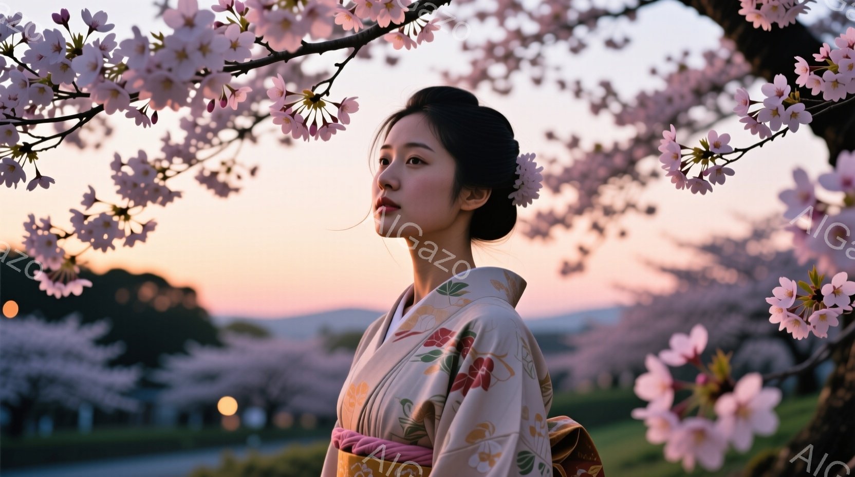 白い地に緑と赤の模様が入った着物を身につけた女性が、少し上目線で遠くを見つめている。髪は後ろでまとめられ、落ち着いた表情からは上品さと優雅さが感じられる。背景には桜が咲き乱れ、穏やかな夕焼け空が広がり - AI生成フリー素材