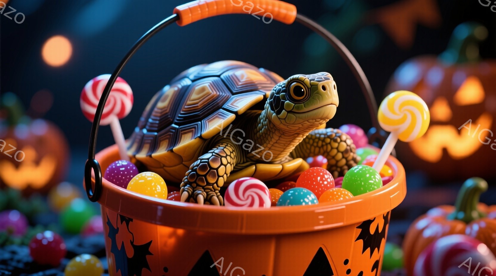 オレンジ色のハロウィーンのバケツの中に、小さなカメが丸まって座っています。バケツの中には色とりどりのキャンディーやチョコレートが詰まっており、カメは興味津々とした表情で少し顔を出しています。背景にはぼやけたオレンジ色のカボチャが並び、お祭り気分を盛り上げています。