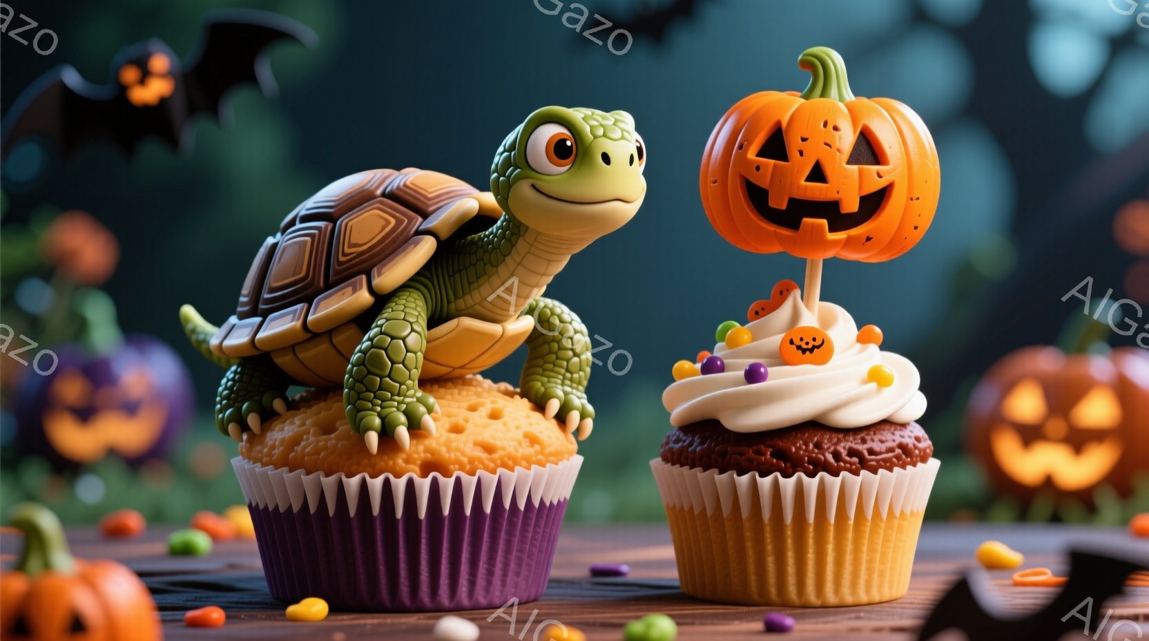 可愛らしいカメが、紫色のカップケーキの上にちょこんと座っています。もう一つの茶色のカップケーキには、ハロウィーンのジャック・オー・ランタンの飾りとカラフルなキャンディーが乗せられています。背景にはオレ - AI生成フリー素材