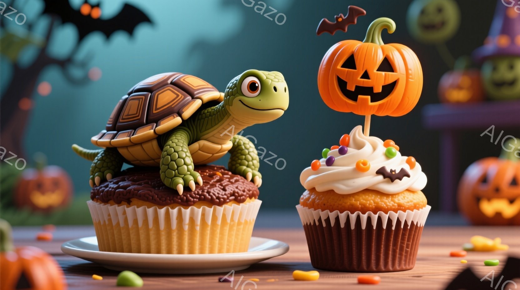 チョコレート色のカップケーキの上に、可愛らしい小さな亀が乗っています。背景には、さまざまな表情をしたジャック・オ・ランタンが並び、ハロウィーンの楽しい雰囲気を醸し出しています。テーブルの上には、カラフルなキャンディーが散りばめられており、全体的に温かく、お祝いムードに満ちた印象です。