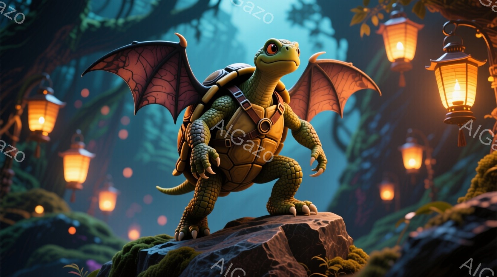 鎧を着けたカメのキャラクターが岩の上に立っている様子を描いています。そのカメは翼と革製のハーネスを身につけ、自信に満ちた表情で正面を見据えています。背景には緑豊かな植物と点在する提灯が配置され、ファンタジー的な雰囲気を醸し出しています。