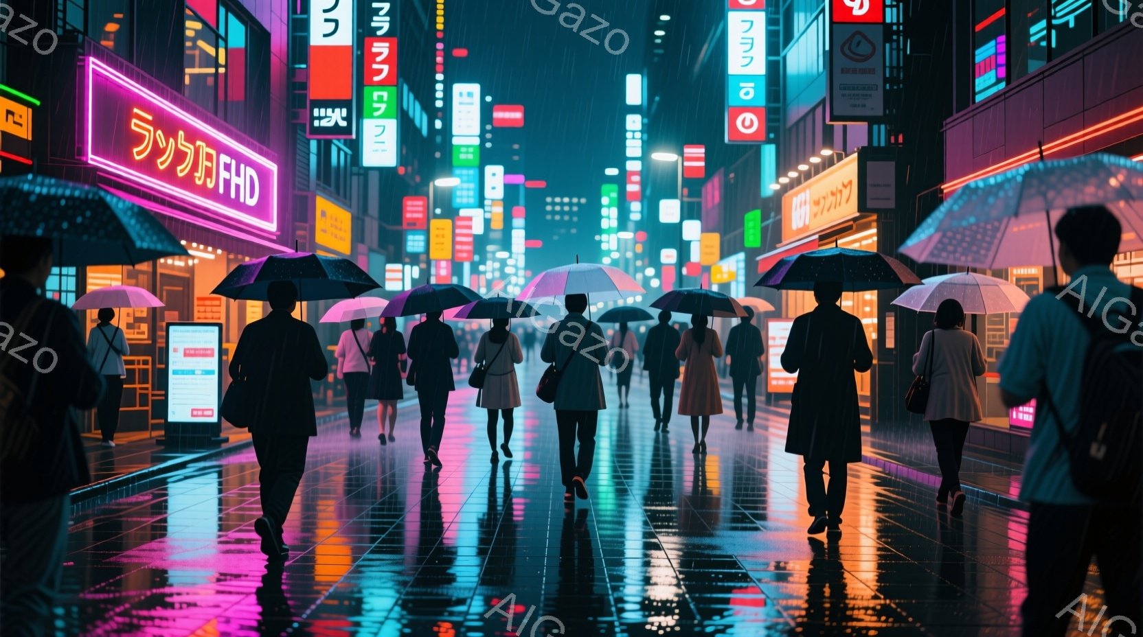 賑やかな夜の街並みが、雨に濡れたアスファルトに反射して幻想的な光景を作り出している。人々は傘をさして歩いており、服装は多様だが、概ねフォーマルまたはカジュアルな装いである。高層ビルやネオンサインが背景 - AI生成フリー素材