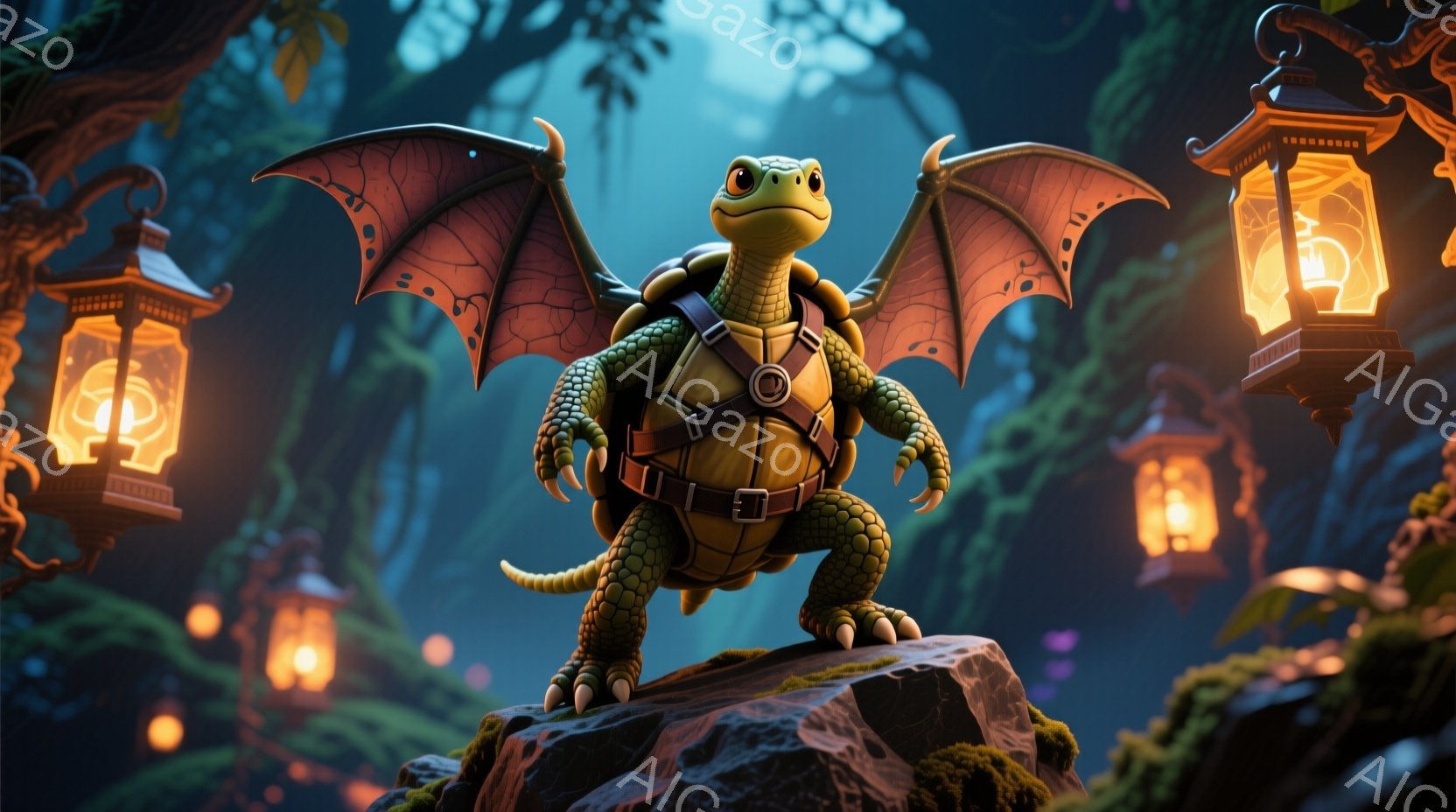 緑色のカメのような生き物が、苔むした岩の上に立っている。革製のハーネスのようなものを身に着け、大きく広げたコウモリのような翼を持っている。背景には、ぼんやりとした木々や、暖かい光を放つ提灯のようなものが散りばめられており、ファンタジー世界の神秘的な雰囲気を醸し出している。