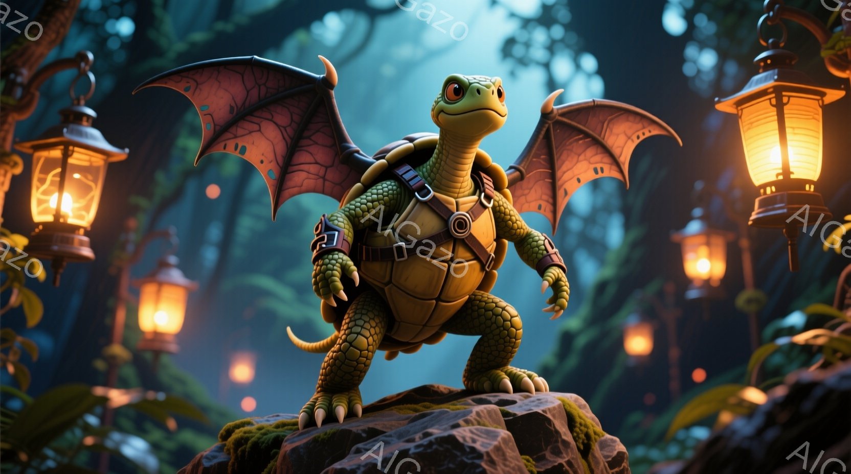 緑色の甲羅を持つ小さなカメが、苔むした岩の上に立ってこちらを見つめています。カメはハーネスと腕当てを身に着け、翼を広げています。背景には、光る提灯が散りばめられた幻想的な森が広がっており、夜の静かで神 - AI生成フリー素材