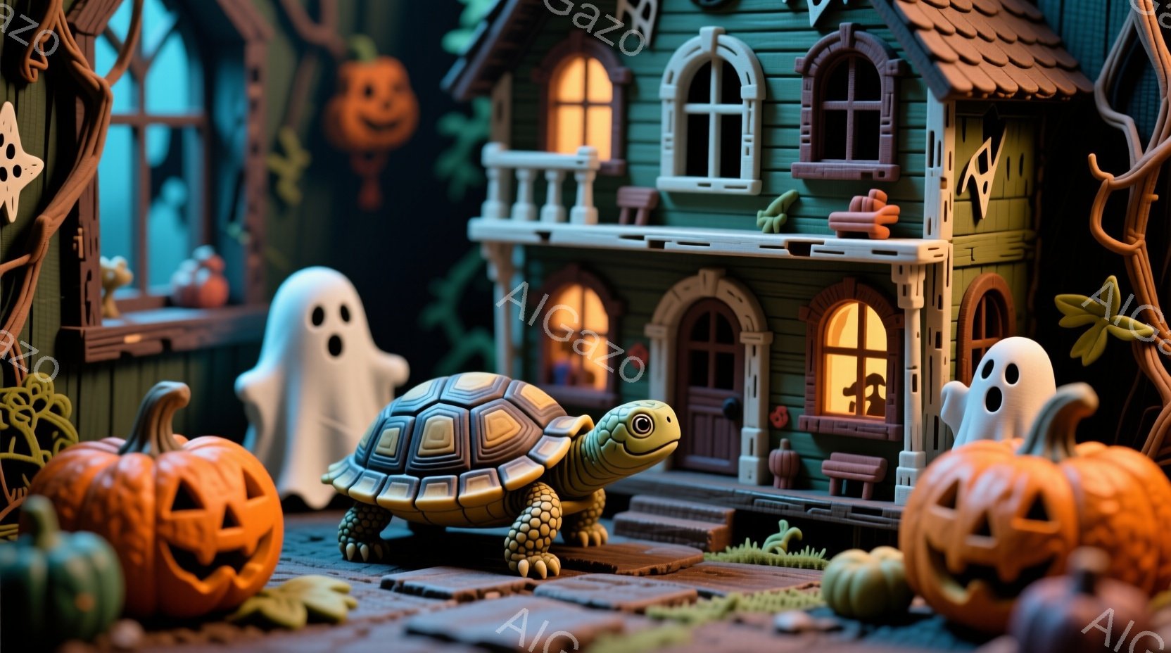 ハロウィーンの飾り付けがされた可愛らしい家と、その前に佇むカメが描かれています。家は緑色で、オレンジ色の光が窓から漏れ、ハロウィーンのランタンや幽霊が飾られています。カメは前足を前に出し、興味深そうに - AI生成フリー素材