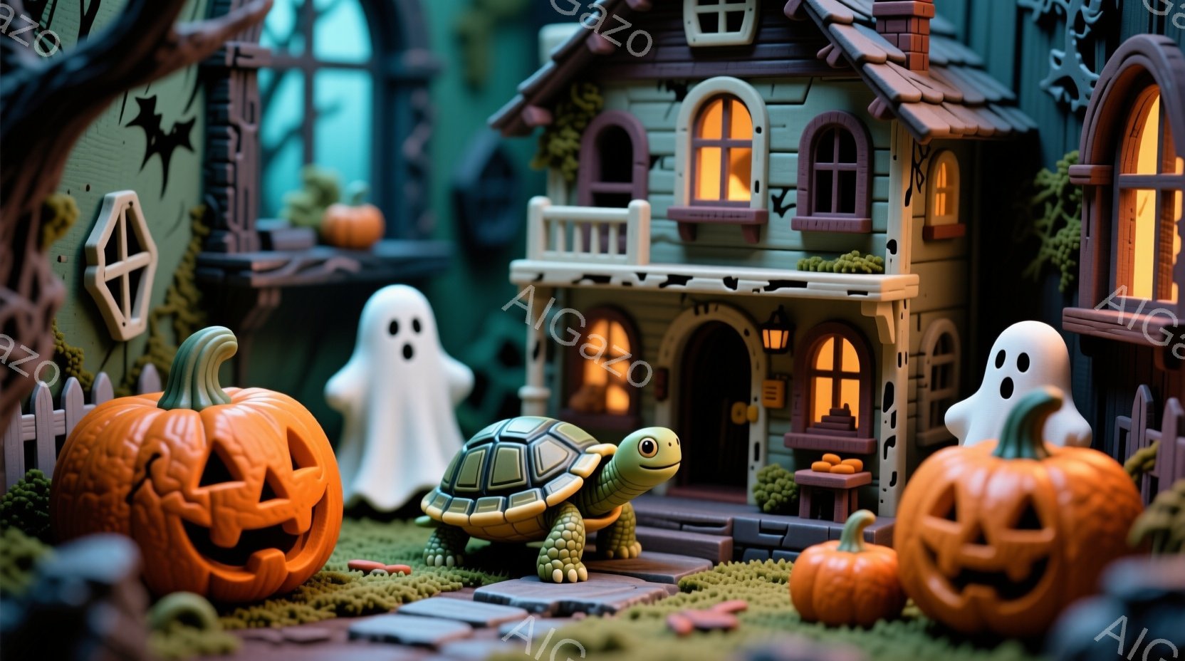 ハロウィーンをテーマにした可愛らしいジオラマです。緑色の家、カボチャのランタン、幽霊、そして小さな亀が、不気味でありながらも温かい雰囲気を醸し出しています。背景には、シルエットで描かれた木々が見え、ハロウィーンの夜を彷彿とさせる、幻想的な光が差し込んでいます。