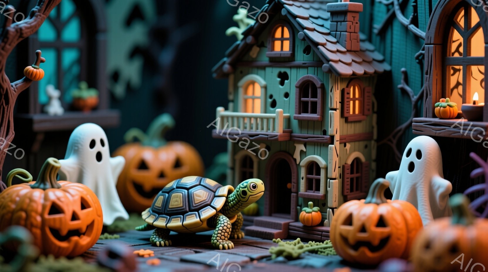 ハロウィーンをテーマにした精巧なジオラマで、緑色の家、カボチャのランタン、そして幽霊と亀が配置されています。亀は前方を向いて地面を歩き、幽霊はカボチャの横に立っています。背景には、ねじれた木々と暗い空 - AI生成フリー素材