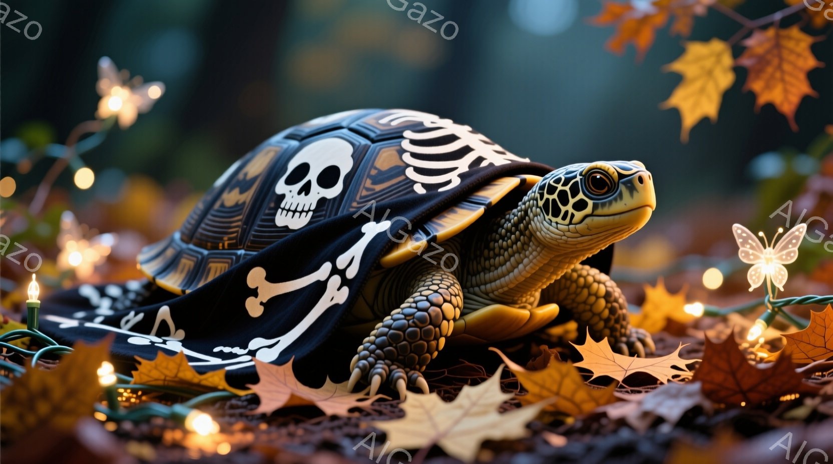 カメがハロウィーンをテーマにした黒いマントを身につけています。マントには白骨の模様が描かれており、少しユーモラスな印象を与えます。背景には落ち葉と光る電飾があり、秋の夜のハロウィーンの雰囲気を醸し出しています。