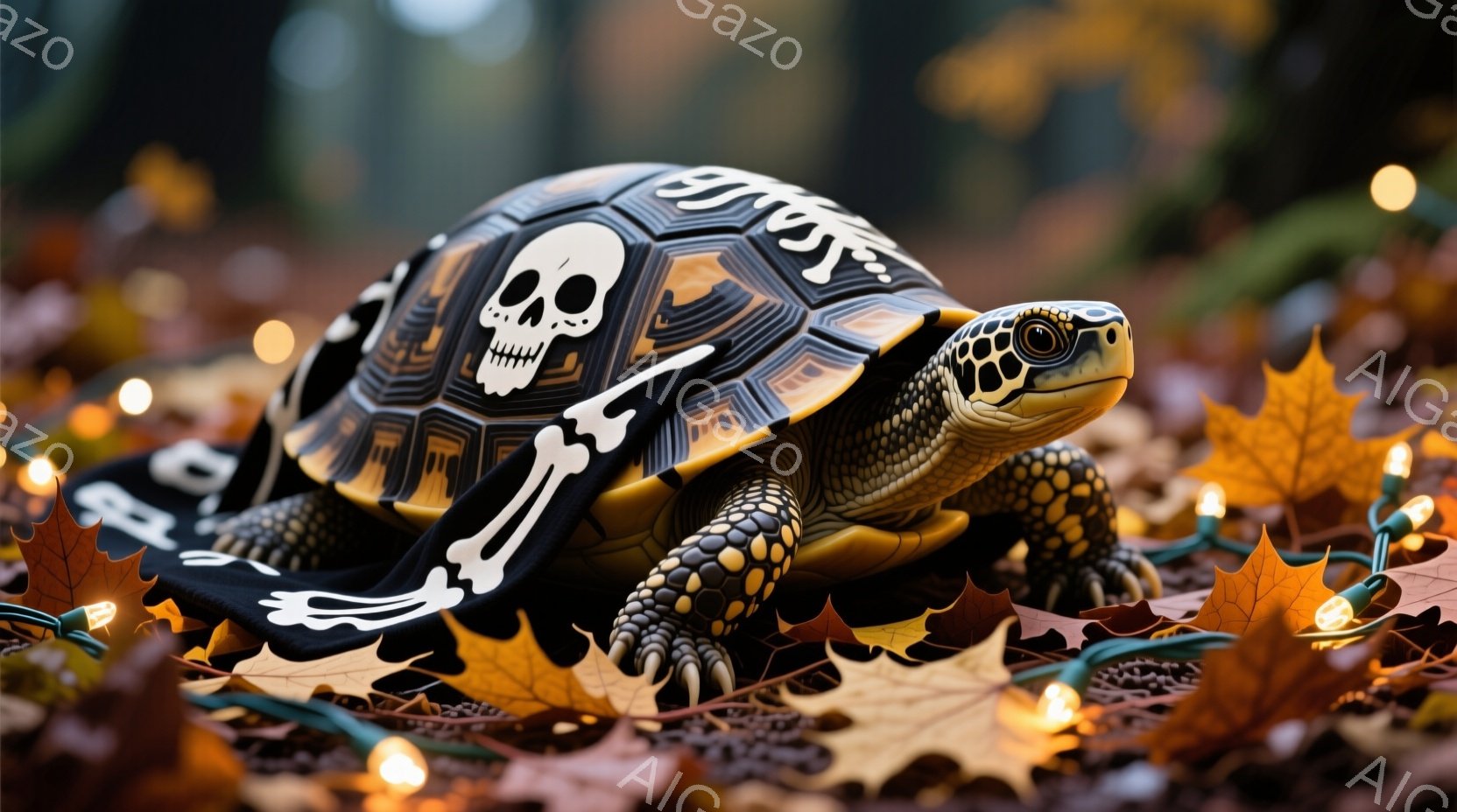 カメがハロウィーン風の衣装を着て、落ち葉とオレンジ色の光が散りばめられた地面に立っている。カメの甲羅には骸骨の模様が描かれ、黒い骸骨模様のショールが肩にかけられている。背景はぼやけており、秋の雰囲気を感じさせる、少し不気味で遊び心のある光景である。