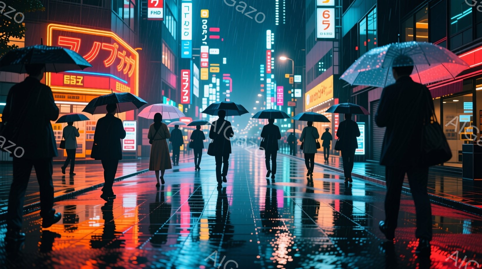 雨の夜の街並みが描かれている。多くの人々が傘をさして歩いており、服装はビジネススーツやコートなど、フォーマルなものが目立つ。背景にはネオンサインが輝く高層ビルが立ち並び、濡れた路面に光が反射して幻想的な雰囲気を醸し出している。
