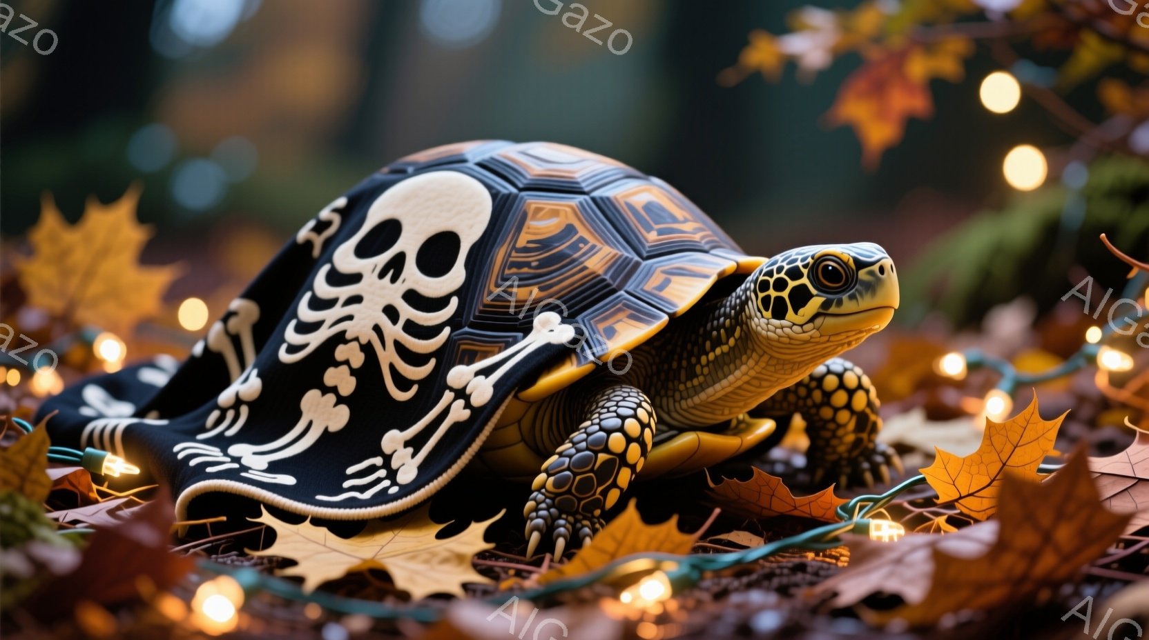 リクガメがハロウィーン風の黒いマントを着て、落ち葉の上に横たわっています。マントには白骨の模様が描かれており、リクガメの殻の模様とコントラストをなしています。背景にはぼんやりとした緑とオレンジ色の光が散りばめられており、お祭り気分を醸し出しています。