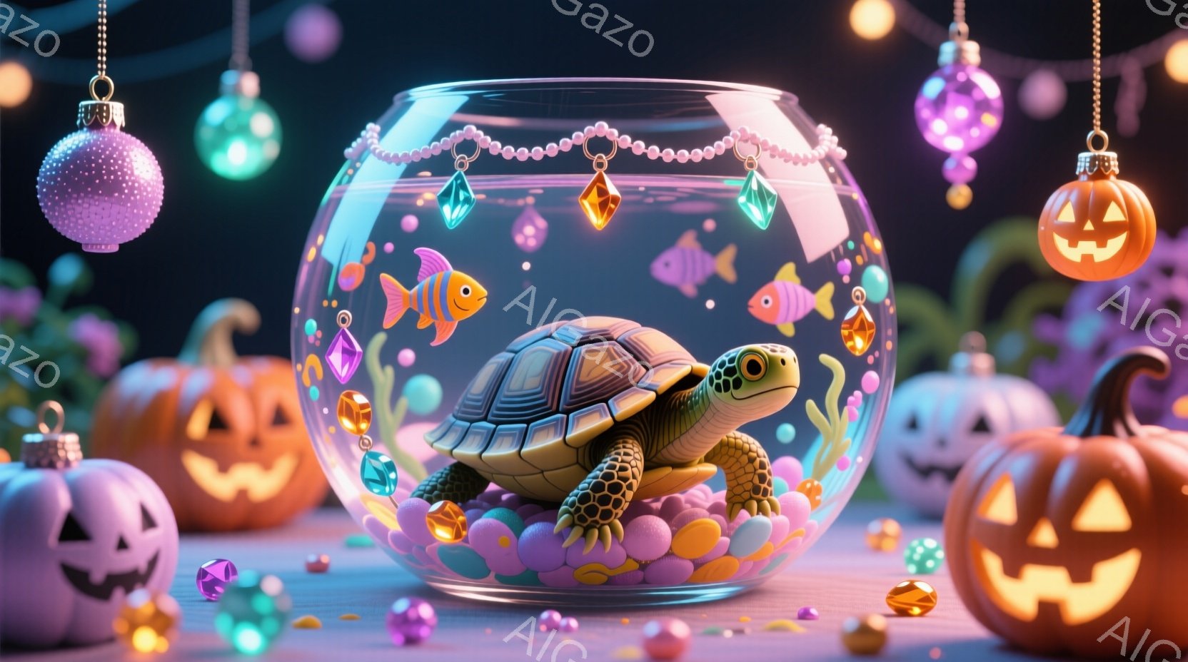 ガラスの器の中に、カラフルな小石と小さな魚たちに囲まれた可愛らしいカメがいます。ハロウィーンのオレンジ色のカボチャが器の周りに配置され、キラキラとした装飾が全体を彩り、遊び心のある雰囲気を演出しています。背景は暗く、全体的に幻想的で、お祝いのムードが漂っています。