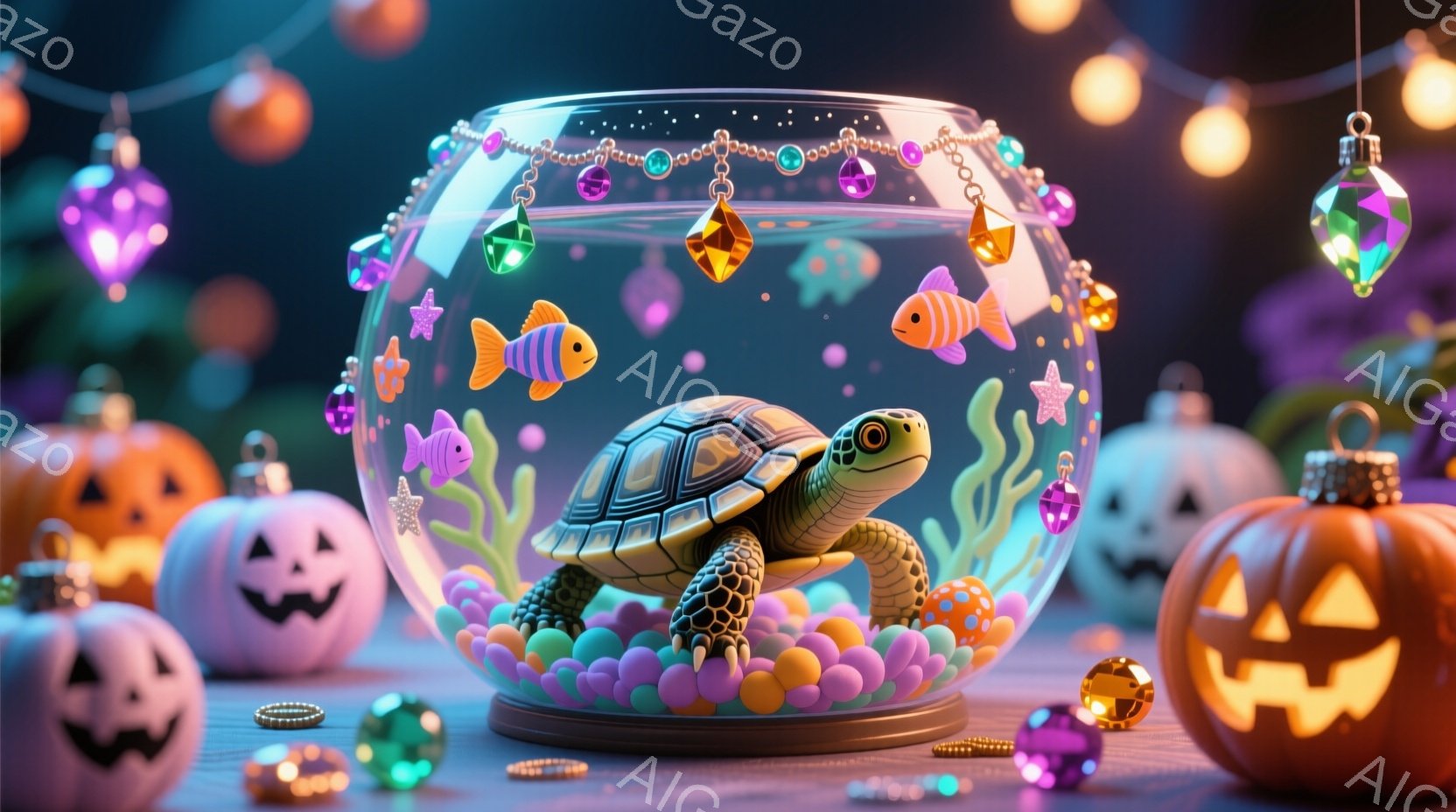 ガラス製のボウルの中に、緑色の甲羅を持つ小さなカメが、カラフルなビー玉や魚の飾りと共に浮かんでいます。背景にはハロウィーンのオレンジ色のジャック・オー・ランタンが散りばめられ、上には虹色のイルミネーションが飾られています。全体的に、ファンタジックで遊び心のある、お祭り気分を表現した可愛らしい雰囲気です。