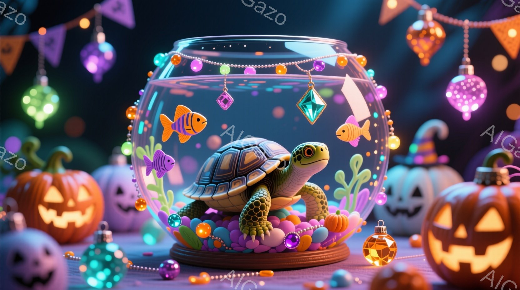 鮮やかなオレンジ色の背景に、ハロウィーンの装飾が並んでいます。中心には、水槽の中にいる緑色の甲羅を持つカメが、ピンクと紫の小石の上に座り、周囲にはカラフルな魚や海藻が配置されています。 全体的に、遊び心があり幻想的な雰囲気で、ハロウィーンのお祝いの装飾と水中の世界が融合しています。