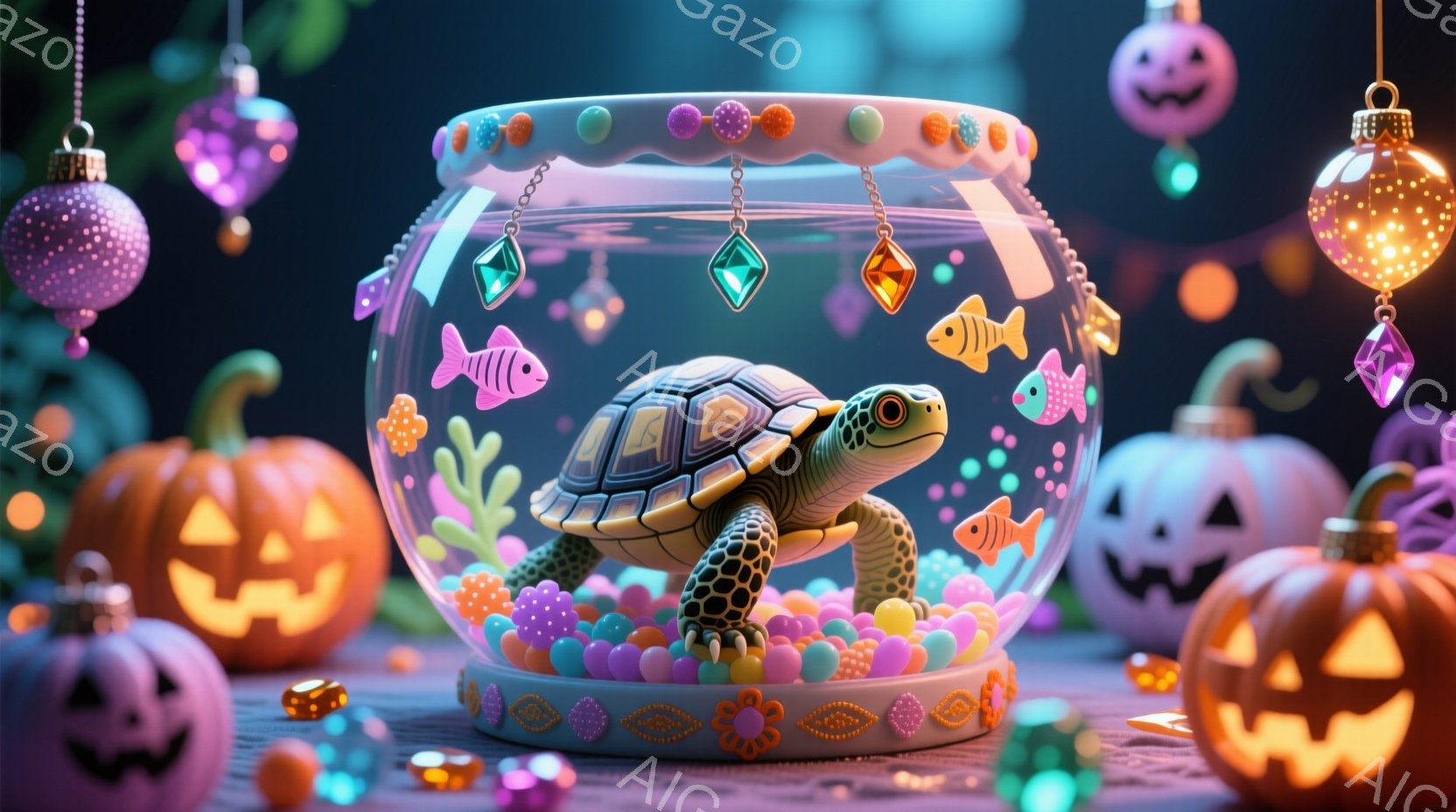 明るい背景に、カラフルなボールの中に小さなカメがいます。カメは前方を向いており、好奇心旺盛な表情をしています。背景には、ハロウィーンのランタンと飾り付けが散りばめられ、お祝いの雰囲気を醸し出しています。