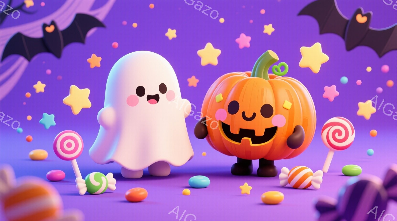 白い可愛らしいお化けと、にっこり笑うジャック・オー・ランタンが紫色の背景に配置されています。周りにはカラフルなキャンディや棒付きキャンディが散らばり、ハロウィンの雰囲気を盛り上げています。全体的に明るく、ポップな色使いで、子供向けの可愛らしいハロウィンシーンが表現されています。
