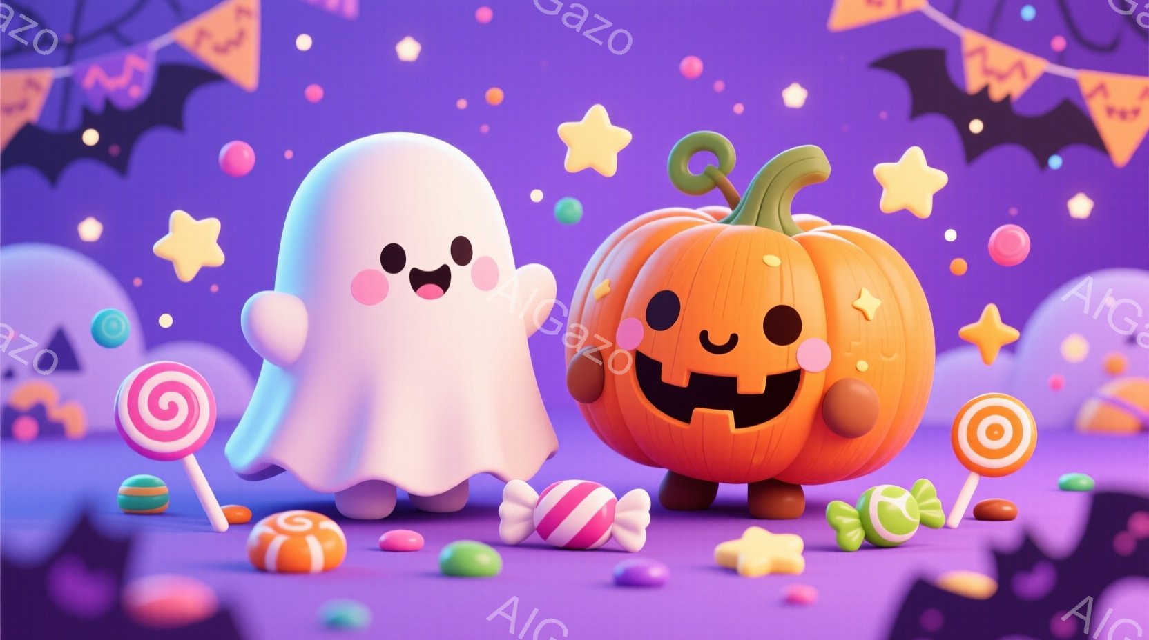 白い幽霊とオレンジ色のジャック・オー・ランタンが、キャンディーやチョコレートに囲まれて並んでいます。幽霊は丸い顔で愛らしい表情をしており、ジャック・オー・ランタンはニッコリと笑っています。背景は紫色の - AI生成フリー素材
