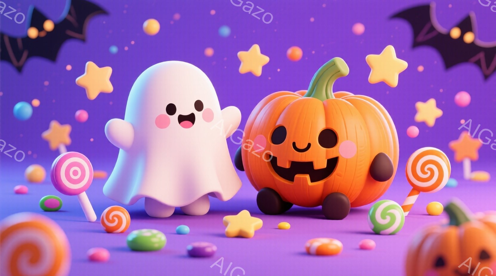 白い幽霊とオレンジ色のカボチャが、紫色の背景に散りばめられたキャンディーや星と共に可愛らしく並んでいます。幽霊は丸い目と笑顔で、カボチャもまた愉快そうな表情をしています。全体的に明るくポップな色彩で、 - AI生成フリー素材