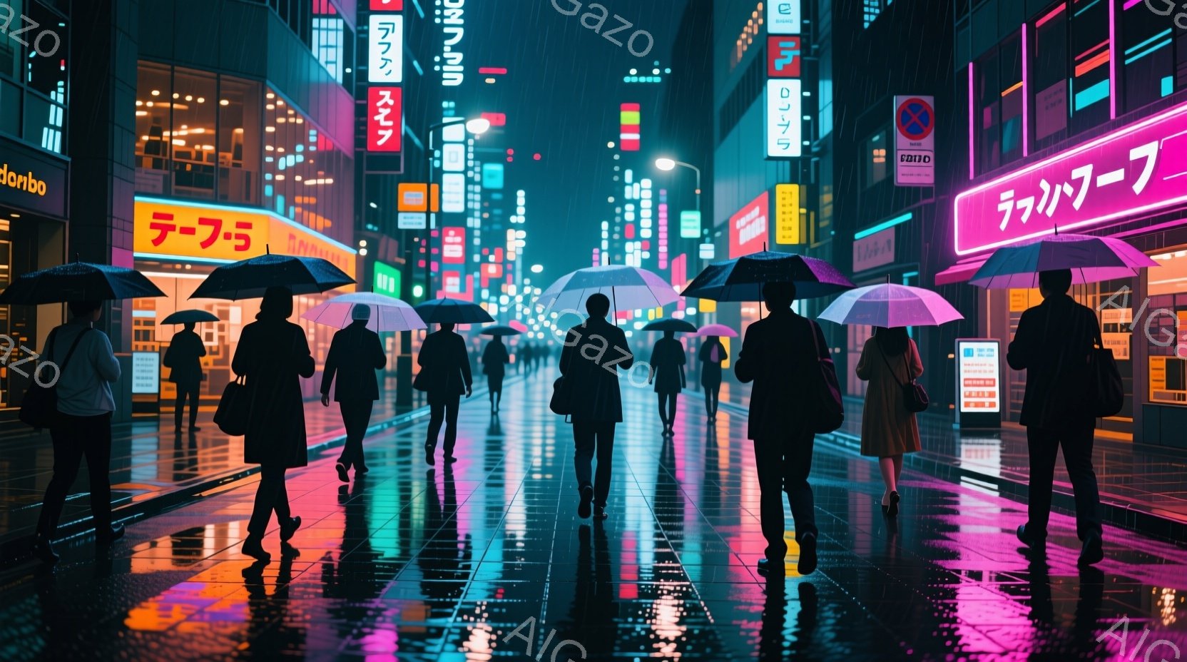 夜の街並みを、多くの人々が傘を差して歩いている様子が描かれています。人々はシルエットで表現されており、服装や表情ははっきりしませんが、ビジネススーツを着ているように見えます。背景にはネオンサインが輝く - AI生成フリー素材