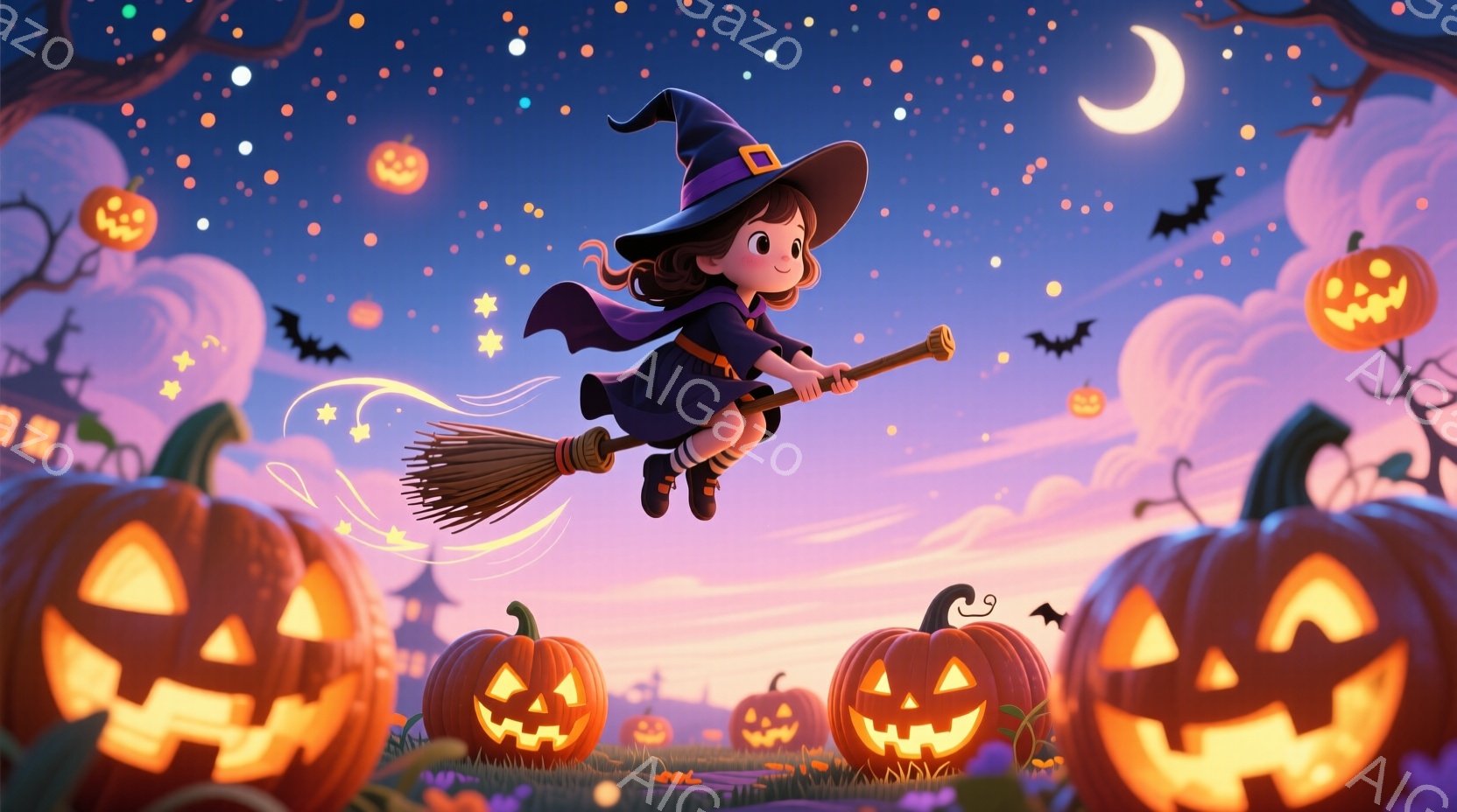 魔女の帽子と紫色のローブを着た少女が、ほうきに乗って空を飛んでいます。彼女は明るい笑顔で、黒髪を後ろで結んでいます。背景には、さまざまな大きさのジャック・オー・ランタンやシルエットの建物、そして夜空に - AI生成フリー素材
