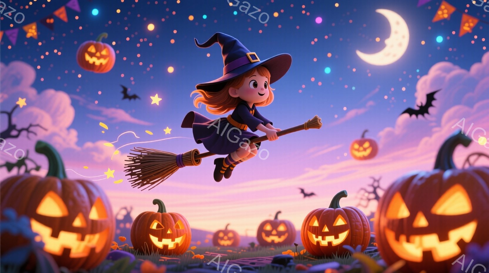 小さな女の子が、ほうきに乗って空を飛んでいる。彼女は黒い帽子と紫色のドレスを着ており、明るい笑顔を見せている。背景には、たくさんのジャック・オー・ランタン、シルエットの木々、そして夜空に輝く星や月があ - AI生成フリー素材