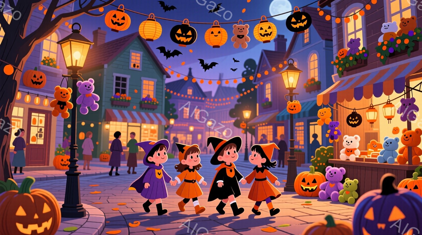 ハロウィーンの夜、3人の少女が魔女の衣装を着て街を歩いている。彼女たちは黒いドレス、先の尖った帽子、そして赤いリボンを身に着け、楽しそうな表情で前を見つめている。背景には、カボチャのランタンやテディベ - AI生成フリー素材