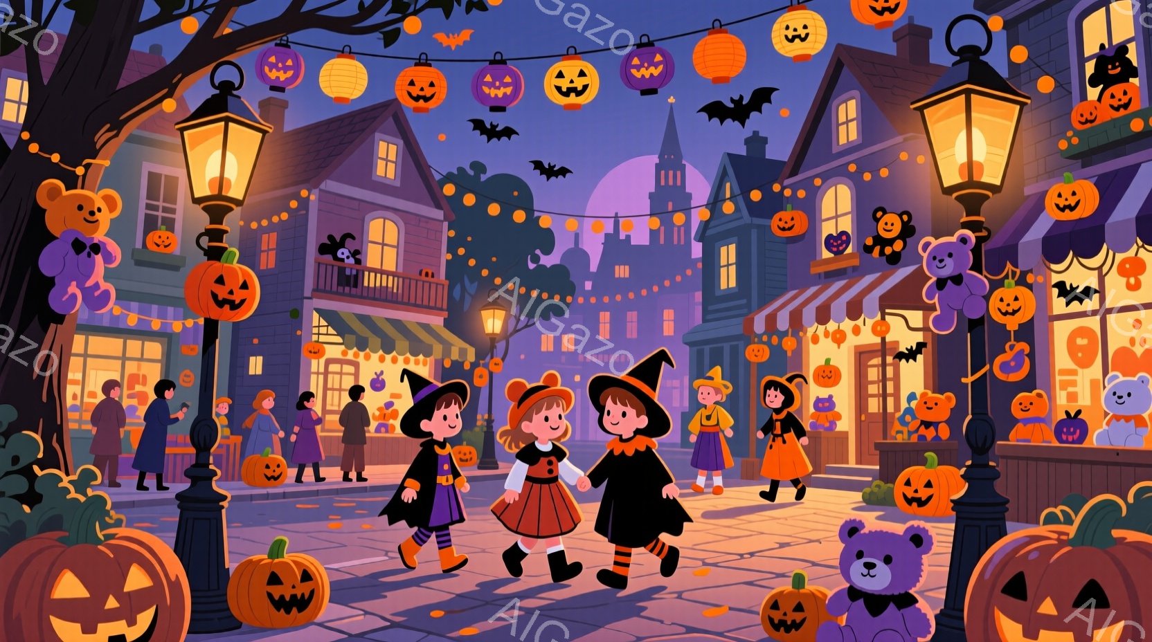 石畳の通りがハロウィーンの飾りで賑わっている。魔女の帽子をかぶった子供たちが、オレンジと紫の衣装を着て、楽しそうに歩いている。背景には、ハロウィーンのランタン、カボチャ、そして可愛らしい店が並び、お祭 - AI生成フリー素材