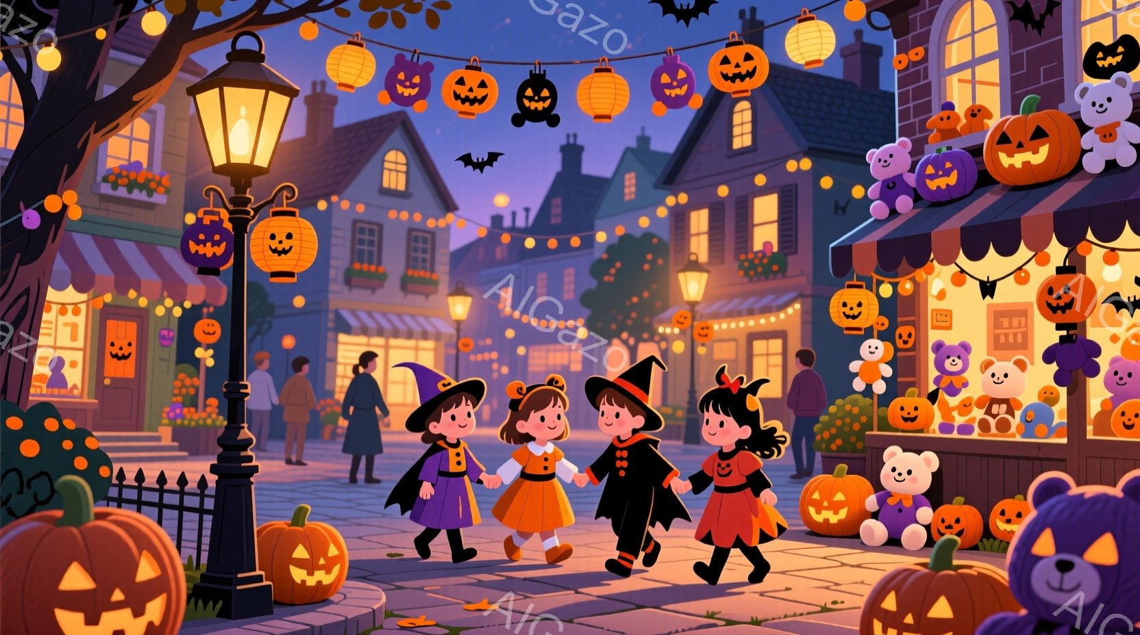 ハロウィーンの衣装を着た3人の子供たちが、夜の街を歩いています。黒い髪にリボンをつけた女の子、オレンジ色のドレスを着た女の子、そして黒いドレスに大きなリボンをつけた女の子がいます。背景には、カボチャの - AI生成フリー素材