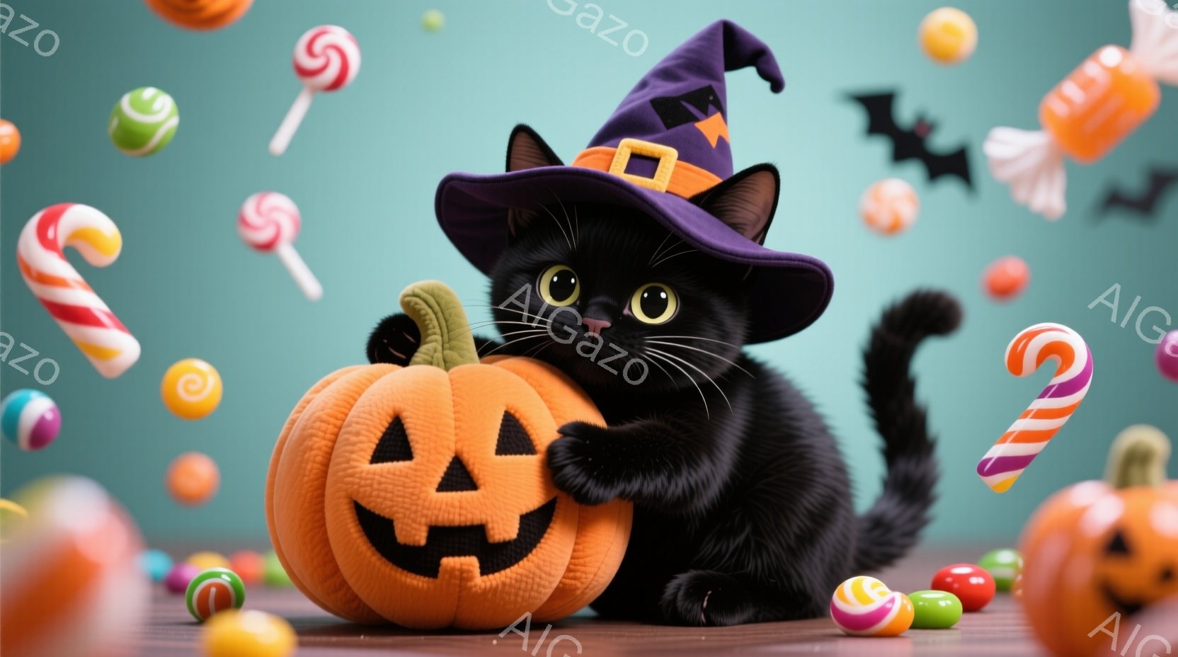 黒猫がハロウィーンの帽子をかぶり、ジャック・オ・ランタンに寄り添っています。背景にはカラフルなキャンディやコウモリが舞い、お祝いの雰囲気を盛り上げています。全体的に可愛らしく、遊び心のあるハロウィーン - AI生成フリー素材