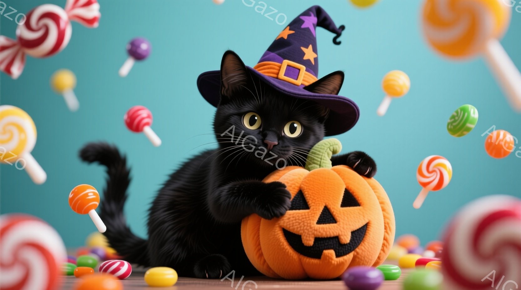 黒猫がハロウィーンの帽子をかぶり、ジャック・オー・ランタンを抱えています。猫は自信に満ちた表情でカメラを見つめ、背景には色とりどりのキャンディーが散りばめられています。全体的に、お祭り気分で遊び心に満 - AI生成フリー素材