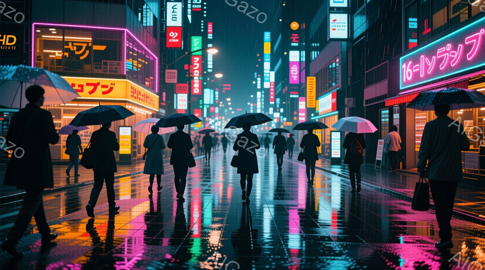 雨の夜の賑やかな都市の通りが描かれている。人々は傘をさして歩いており、黒いシルエットで描かれているため、服装や表情はほとんど判別できない。背景にはネオンサインが輝く高層ビルが立ち並び、濡れた路面に光が - AI生成フリー素材