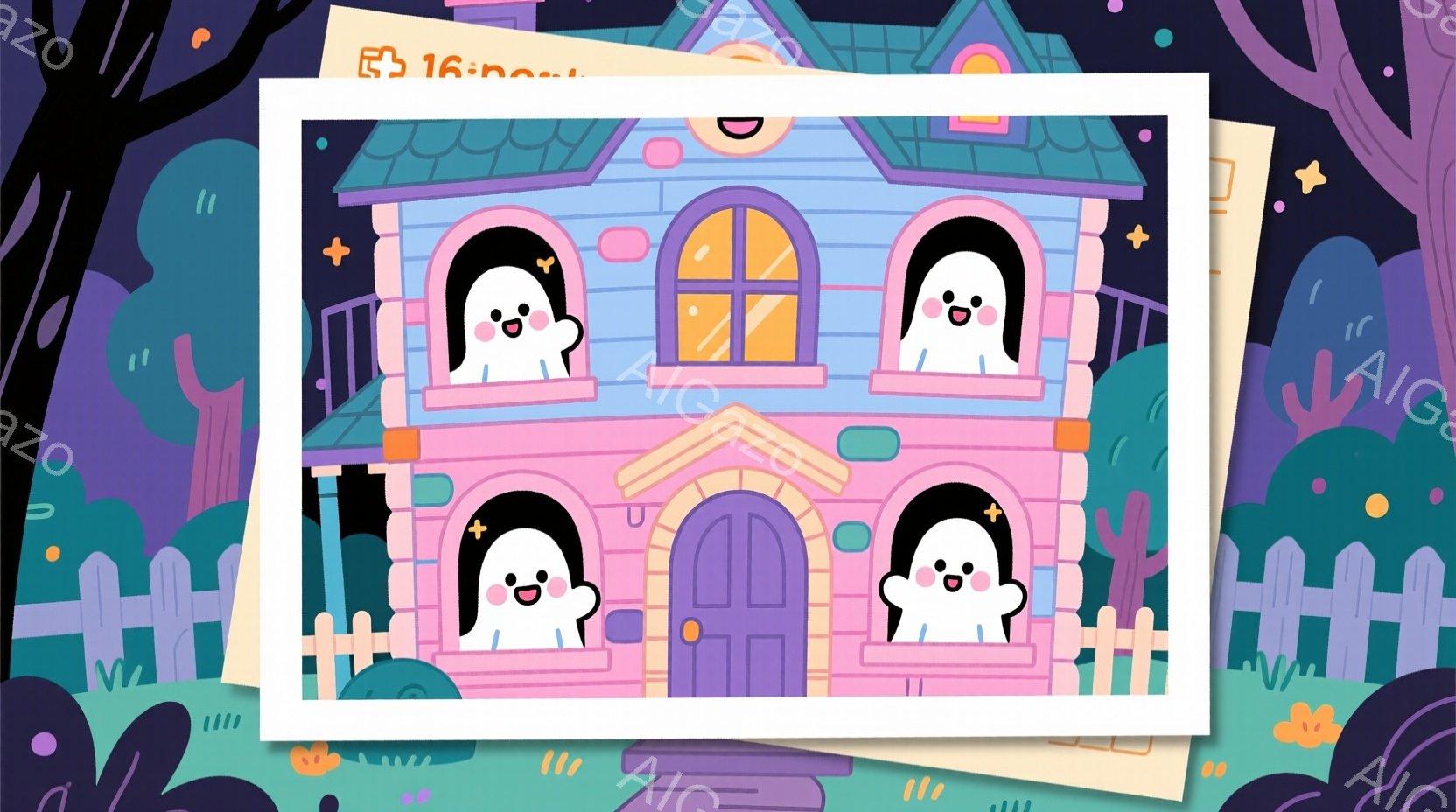 薄紫色の屋根とピンク色の壁を持つ可愛らしい家が描かれており、窓にはそれぞれ笑顔の白いお化けが顔を出しています。家の周りには柵や緑の木々、オレンジ色のカボチャが配置され、背景は夜空をイメージした濃い紫色 - AI生成フリー素材