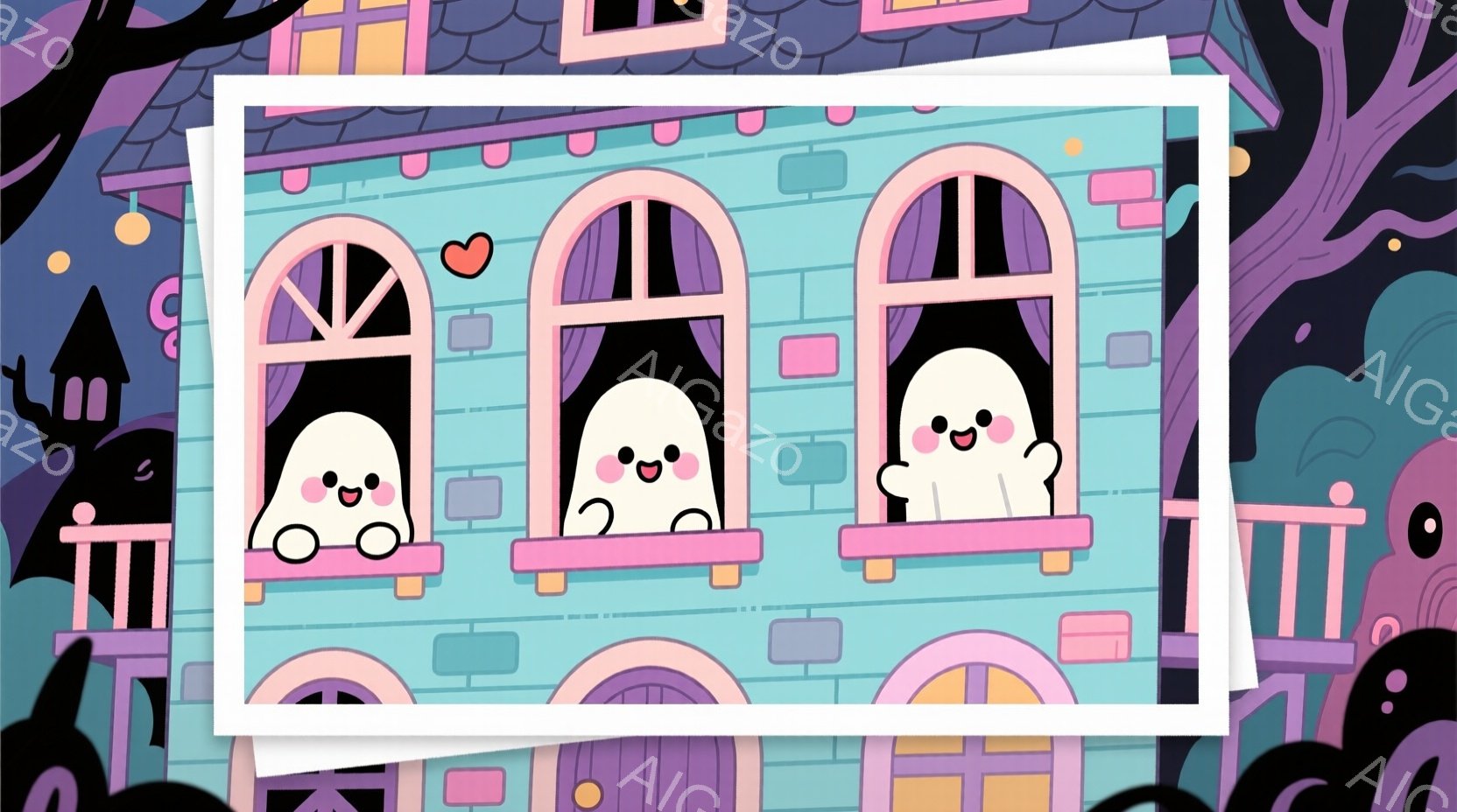 薄紫色の建物に、かわいらしいお化けが窓から顔を出しています。お化けたちは丸い体で、ピンク色の頬と笑顔が印象的です。背景には黒いシルエットの家木々が描かれており、ハロウィンのような少し不気味ながらも可愛 - AI生成フリー素材