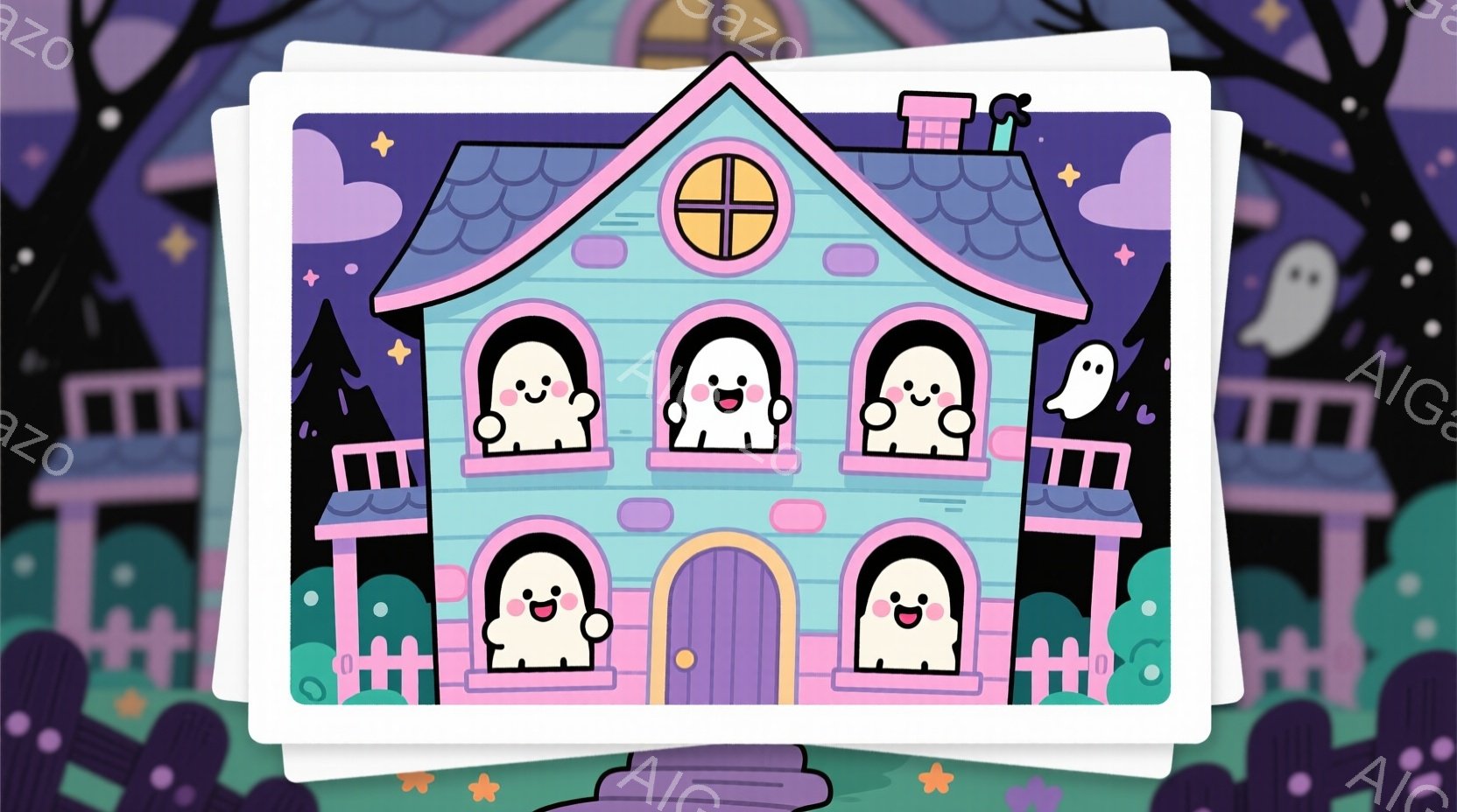 薄い水色の可愛らしい家が描かれており、窓には笑顔の幽霊たちが浮かんでいます。家の周りには、紫色のシルエットの木々と小さな黄色い花が点在し、夜空には星が輝いています。全体的に、ハロウィーンのような、明る - AI生成フリー素材