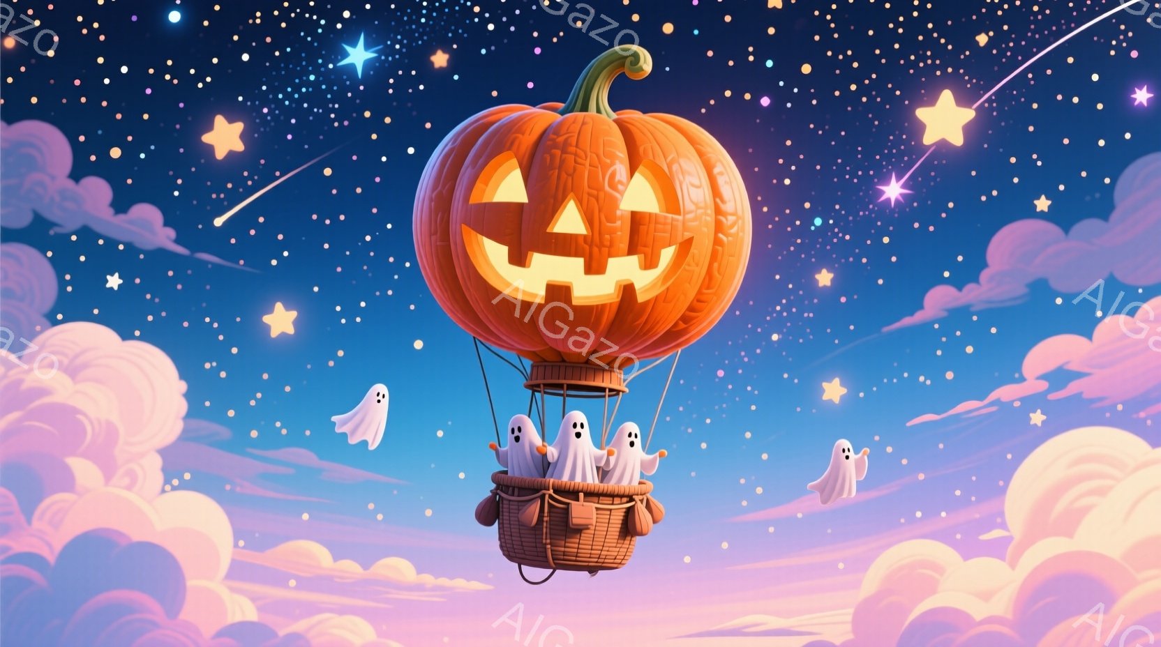 カボチャが巨大な熱気球の形をしており、バスケットの中には白いお化けたちが数体座っています。空は夜で、ピンクと紫の雲が広がり、星が輝いています。お化けたちは可愛らしい表情で、楽しそうに熱気球に乗っている - AI生成フリー素材