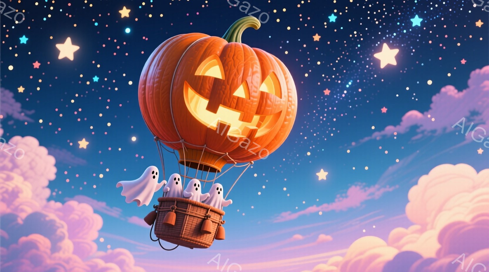 大きなカボチャが風船のように空に浮かんでおり、その下にはバスケットがあります。バスケットの中には、白い幽霊たちが数体おり、楽しそうにこちらを見ているようです。背景はピンクと水色の雲と星空で彩られ、ハロ - AI生成フリー素材