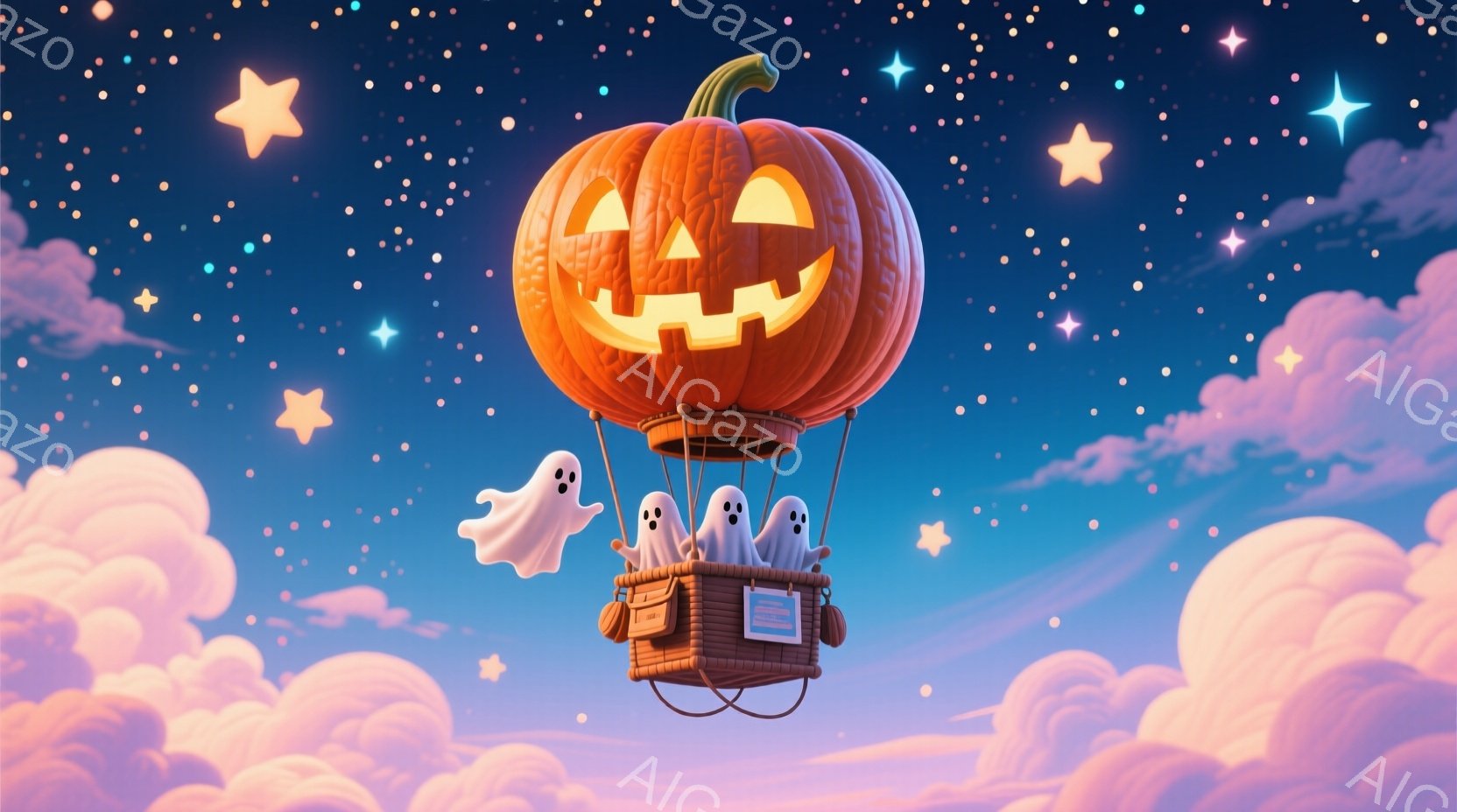 大きなオレンジ色のカボチャが熱気球のように空に浮かんでおり、中に数匹の白い幽霊たちが乗っています。幽霊たちはバスケットの中で寄り添い、楽しそうな表情をしています。背景には、桃色や水色の雲が広がり、星が - AI生成フリー素材