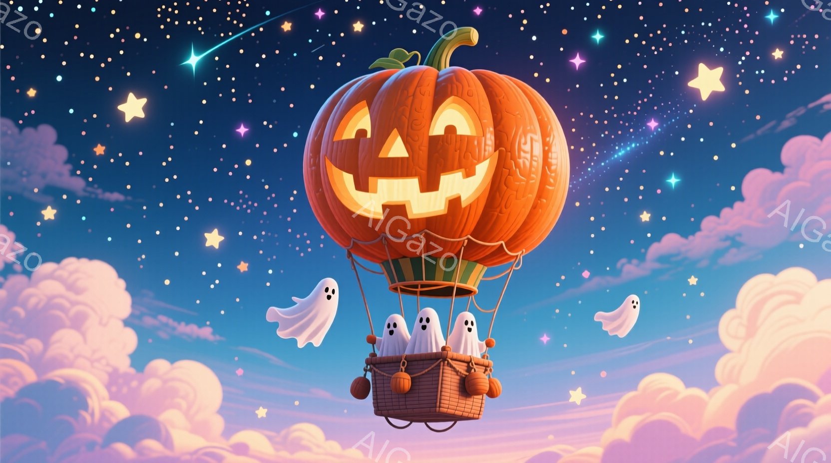 大きなカボチャの形をした熱気球が、ふわふわとしたピンクと紫色の雲の上を空を飛んでいる。カボチャには不気味なジャック・オー・ランタンの顔が彫られており、その下にバスケットがあり、そこには小さな白い幽霊た - AI生成フリー素材