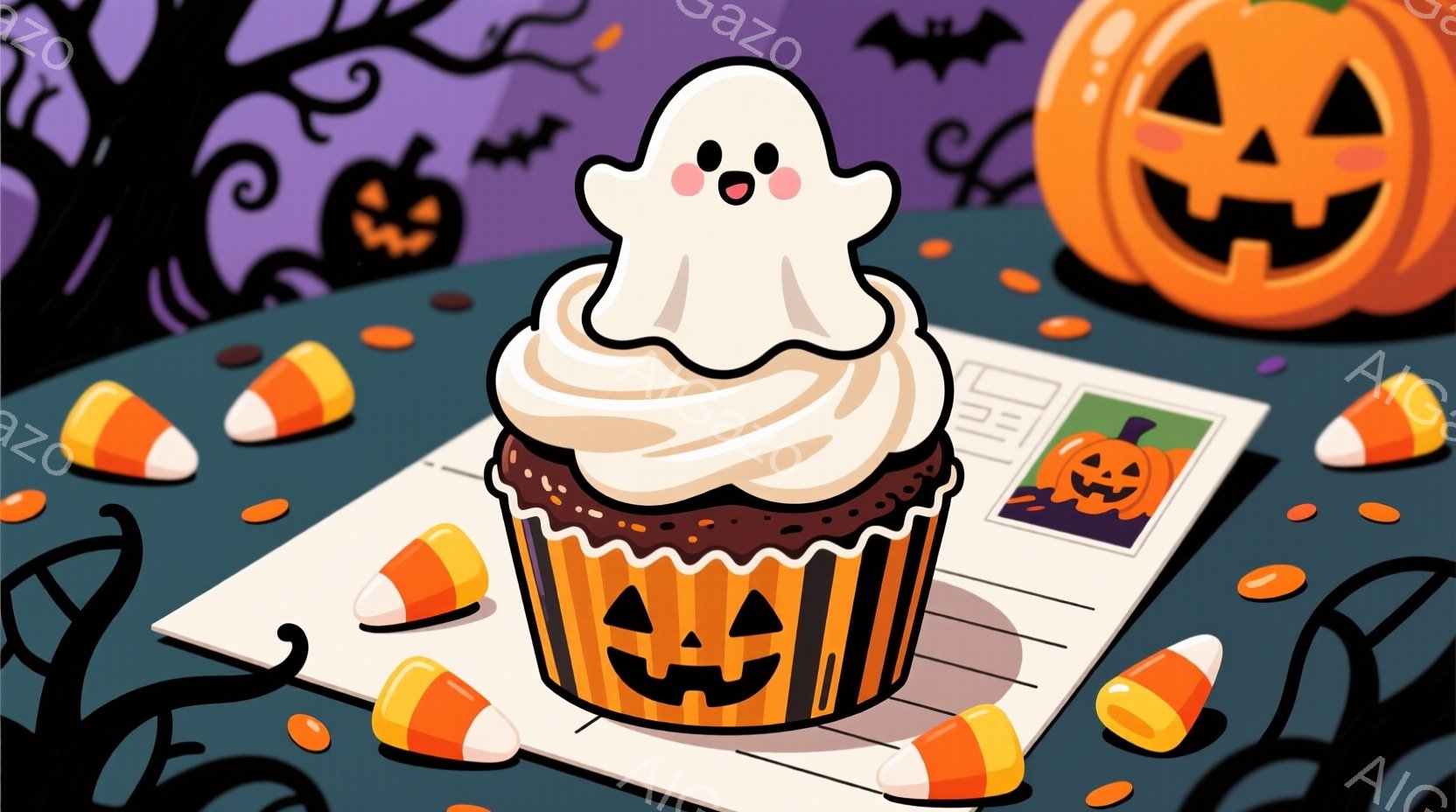 ハロウィーンをテーマにしたイラストで、かぼちゃの顔が描かれたカップケーキの上に、可愛らしいお化けが乗っています。背景には、黒い木の枝、かぼう灯篭、キャンディコーン、そしてオレンジと紫のグラデーションが - AI生成フリー素材