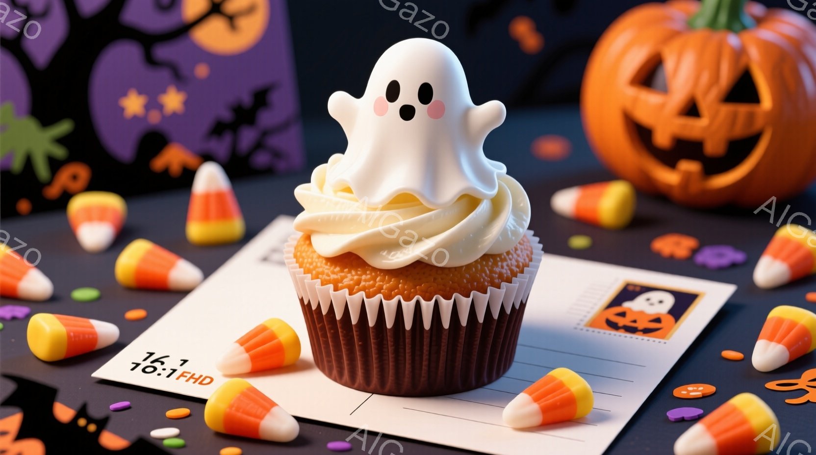 オレンジ色のカップケーキの上に白いお化けのクリームが乗っており、ハロウィーンらしい可愛らしい光景です。背景には、カボチャのイラストが描かれた手紙と、カラフルなキャンディコーンが散りばめられており、ハロ - AI生成フリー素材