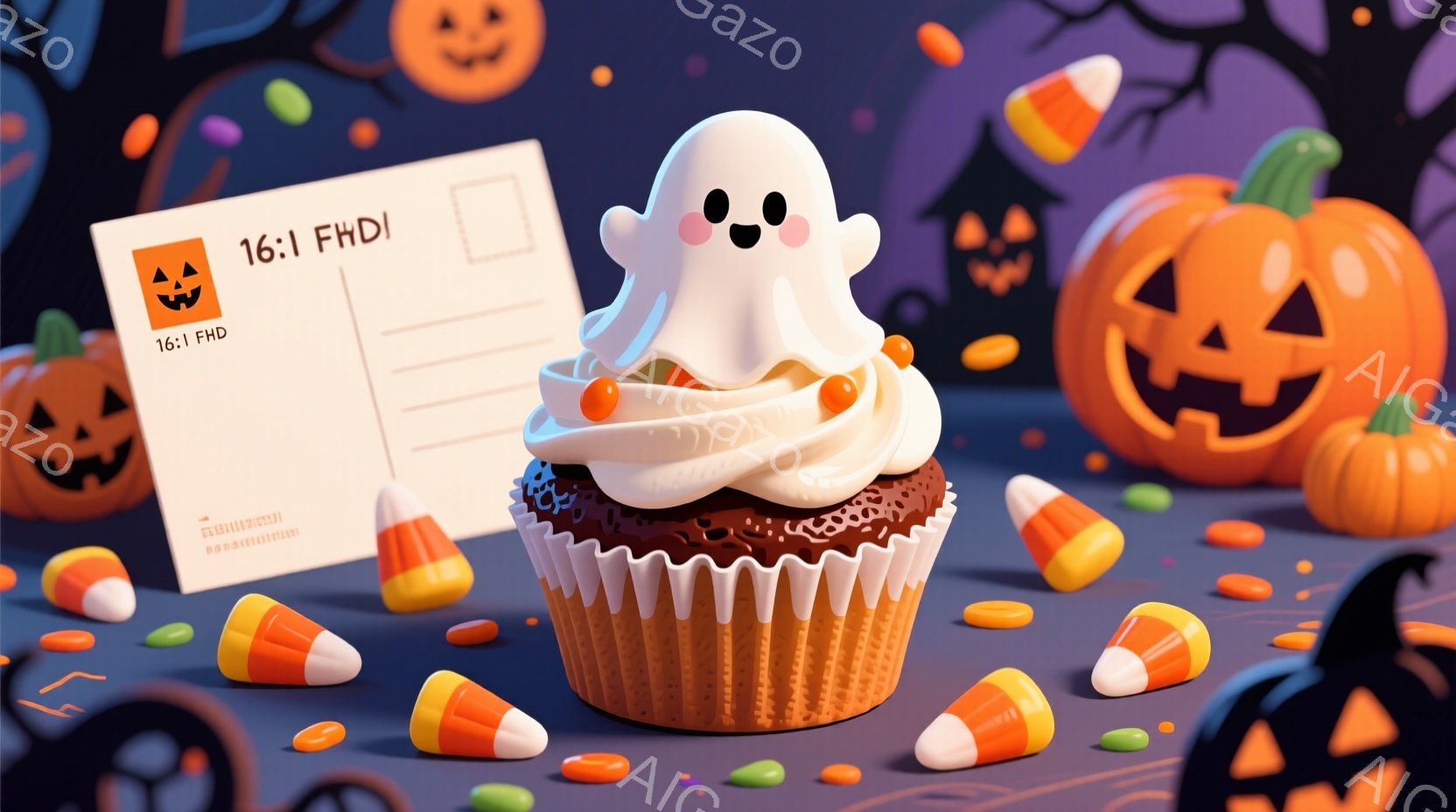 チョコレート色のカップケーキの上に、可愛らしいお化けのクリームが乗っています。背景には、ハロウィーンを象徴するカボチャのランタンやキャンディーが散りばめられ、お化けとランタンは楽しそうな表情をしていま - AI生成フリー素材