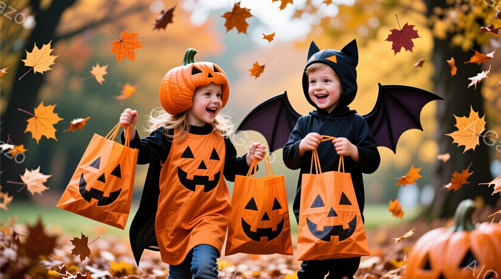 ハロウィーンの衣装を着た二人の子供たちが、オレンジ色のカボチャの形をしたキャンディバッグを持って走り回っています。女の子はカボチャの帽子とオレンジ色のドレス、男の子は黒いコウモリの衣装を着ており、顔に - AI生成フリー素材