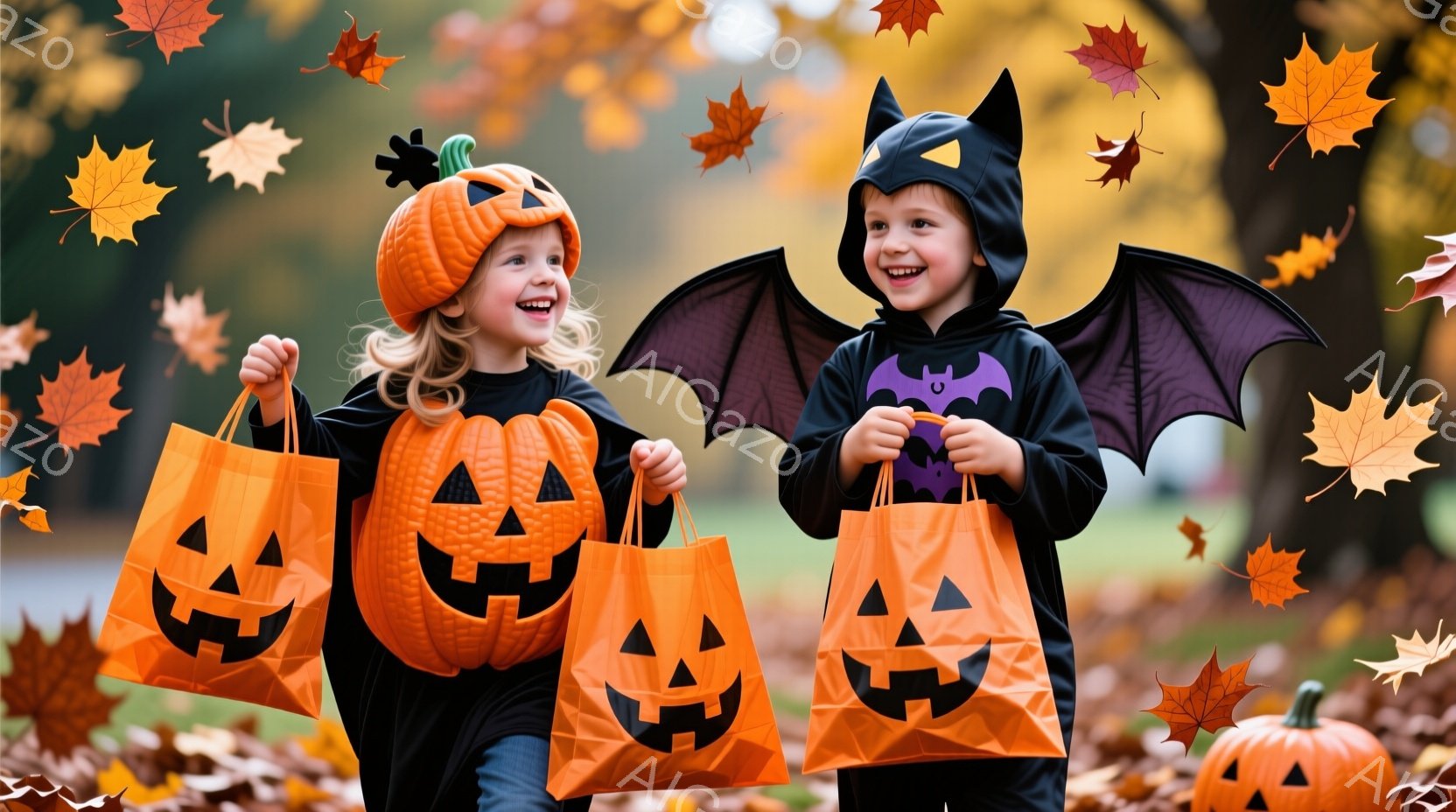 二人の幼い子どもたちが、ハロウィーンの仮装をして楽しそうに歩いている。女の子はカボチャの帽子と黒い衣装を着ており、男の子はコウモリのコスチュームを着ている。背景には紅葉した木々と落ち葉が舞い、秋の晴れ - AI生成フリー素材