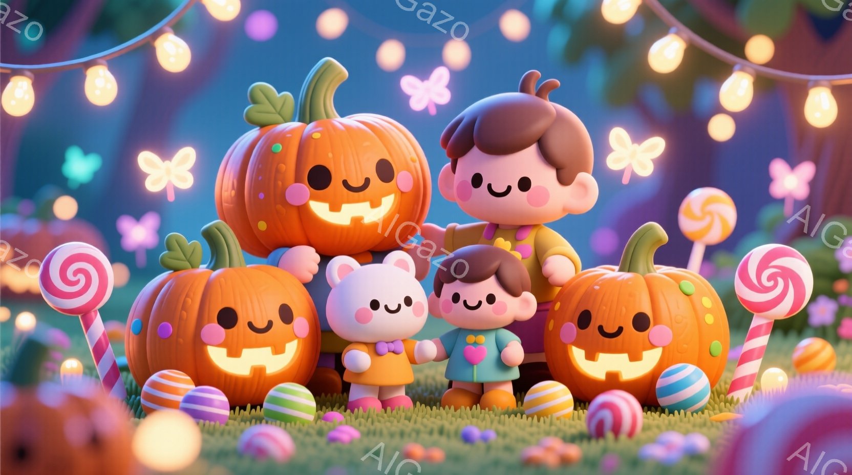明るい緑色の芝生の上に、笑顔のハロウィーンカボチャと、可愛らしい子供たちが集まっています。子供たちは、ピンクと青のパステルカラーの服を着ており、短い茶色の髪型に、愛らしい笑顔を浮かべています。背景には - AI生成フリー素材