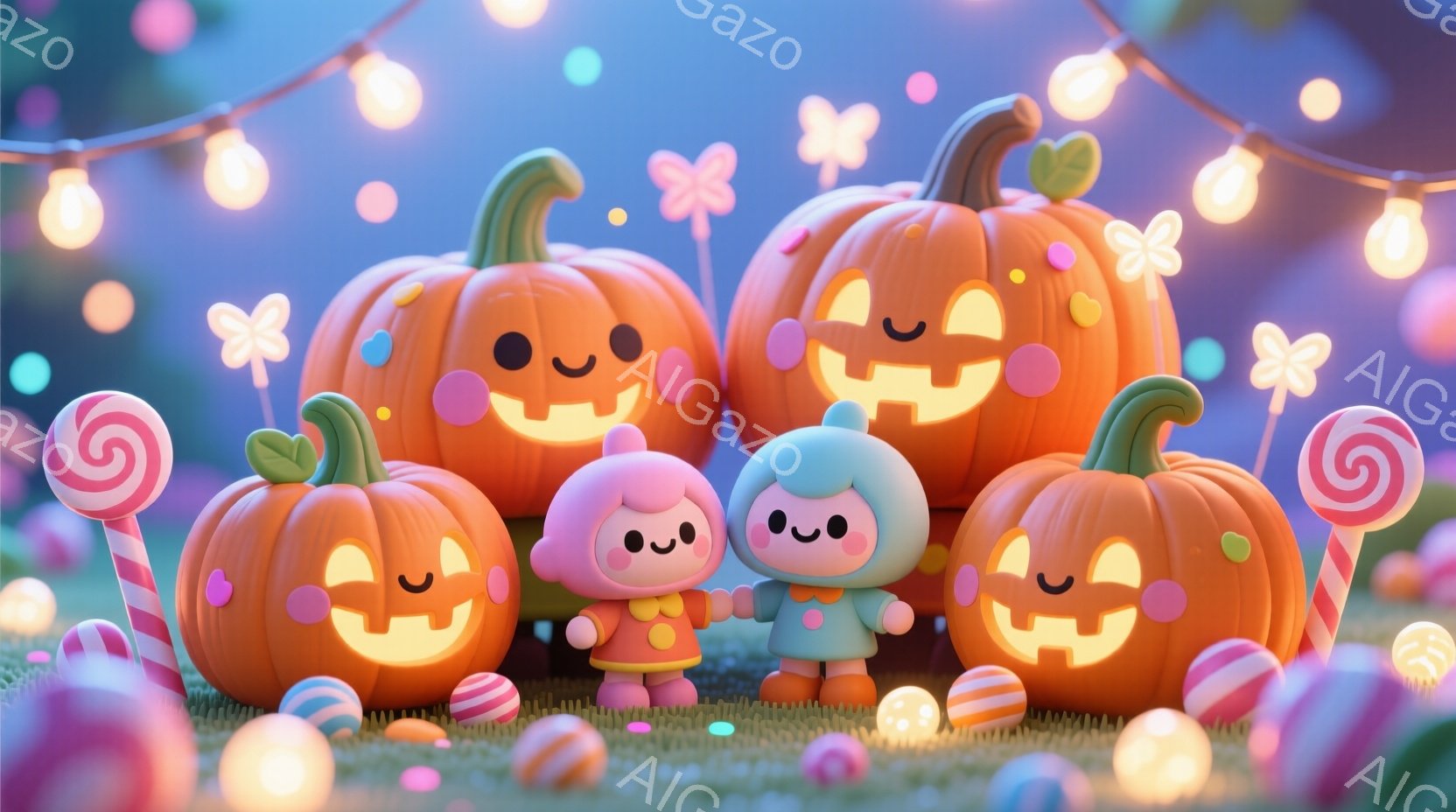 明るいオレンジ色のジャック・オ・ランタンがいくつか、緑の茎と愛らしい笑顔で並んでいます。小さなピンクと水色のキャラクターが中央に寄り添い、シンプルで可愛らしい表情をしています。背景には、キャンディや花 - AI生成フリー素材