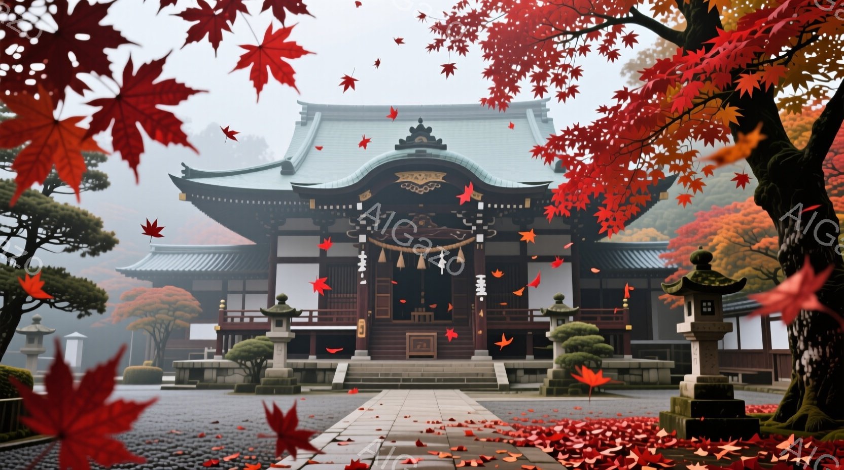 紅葉が舞い散る中で、古都の寺院が静かに佇んでいます。寺院は重厚な屋根と鮮やかな朱色の装飾が印象的で、周囲の緑とのコントラストが美しいです。手入れの行き届いた庭園と石畳の道が、穏やかで厳かな雰囲気を醸し出しています。