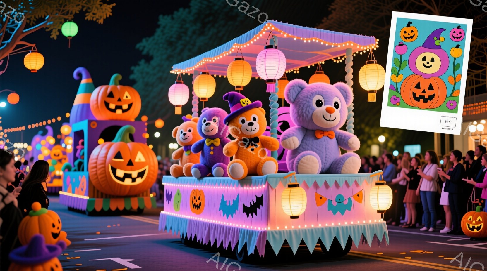ハロウィーンのパレードの様子で、大きなカボチャと可愛らしいテディベアで飾られたフロートが中央に位置しています。フロートの周りには、観客が立ち並び、楽しんでいる様子が伺えます。背景には、オレンジと紫色のライトで装飾された木々や建物がぼんやりと見え、幻想的な夜の雰囲気を醸し出しています。