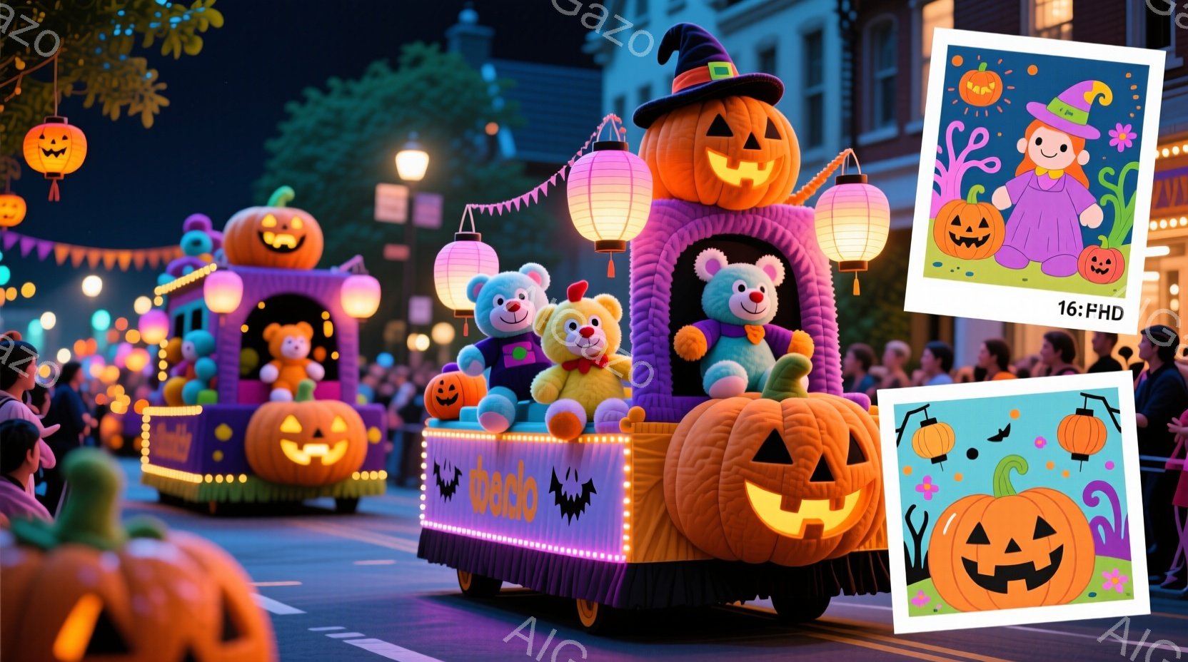 夜の街をハロウィーンのパレードが進行している様子が描かれています。オレンジ色に彩られた巨大なカボチャの装飾が施されたフロートが中心で、かわいらしいテディベアの人形が多数飾られています。背景には、薄暗い光に照らされた建物や街路樹が見え、夜空には明るい月が輝き、お祭りらしい賑やかな雰囲気が漂っています。