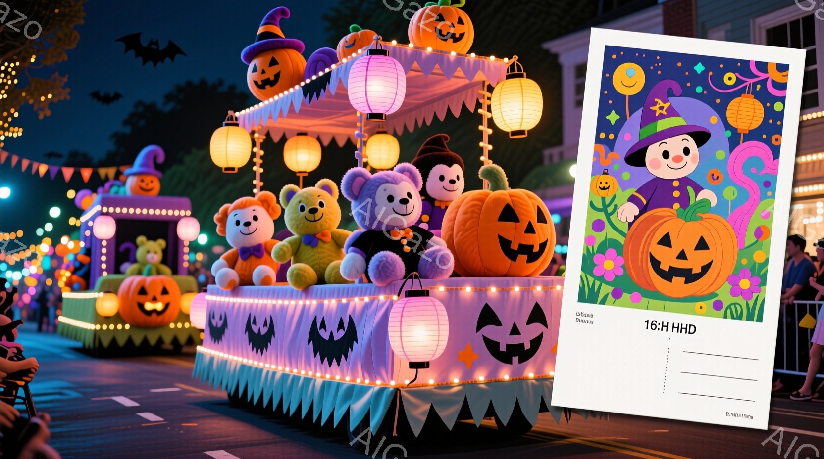 ハロウィーンをテーマにしたフロートが夜の街を走行している様子が描かれています。フロートには、カボチャや幽霊の装飾が施され、ミッキーマウスやプーといったディズニーキャラクターたちが可愛らしいハロウィーンの衣装を着て笑顔で手を振っています。背景には、夜空とハロウィーンの装飾が施された建物が見え、全体的に陽気で楽しい雰囲気が漂っています。